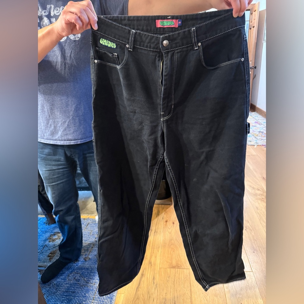 Black Jeans w/ Green Embroidery & White Stitching